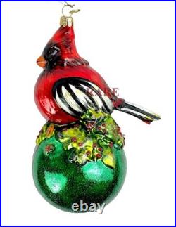 MacKenzie-Childs Cozy Cardinal On Ball Glass Ornament 6.5 Tall Brand New in Box