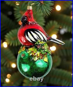 MacKenzie-Childs Cozy Cardinal On Ball Glass Ornament 6.5 Tall Brand New in Box
