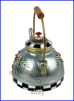 MacKenzie-Childs Farmhouse Holiday Tea Kettle Glass Ornament Brand New in Box