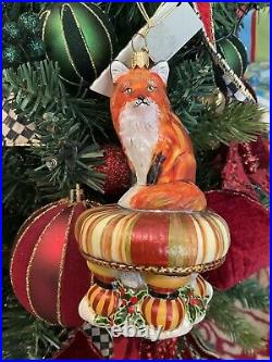 MacKenzie-Childs Fox On Tuffet Glass Ornament NIB