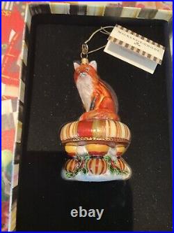 MacKenzie-Childs Fox On Tuffet Glass Ornament NIB