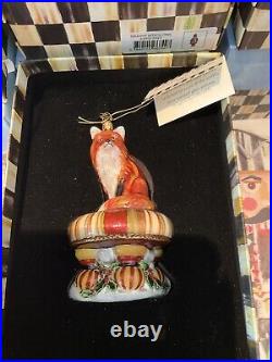 MacKenzie-Childs Fox On Tuffet Glass Ornament NIB