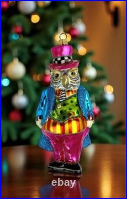 MacKenzie-Childs Granny Kitsch Owl Glass Ornament 6.75 Tall Brand New in Box