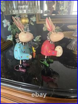 MacKenzie Childs Hip Hop Set Bunny Figurines Metal Easter Decor Rabbit Whimsical