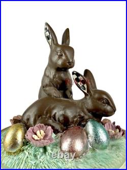 Mackenzie Childs Courtly Check Chocolate Macaron Bunny Cloche 10.25 New No Box