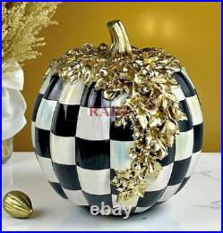 Mackenzie-Childs Courtly Check Gold Foliage 11.5 Tall Pumpkin Halloween New