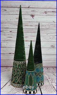 Mackenzie Childs Emerald Luxe Beaded Cone Trees Set of 3 30 Tall READ DESCRIP