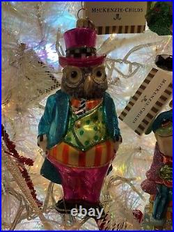 Mackenzie-Childs Granny Kitsch Owl Glass Ornament. NIB Courtly Check
