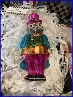 Mackenzie-Childs Granny Kitsch Owl Glass Ornament. NIB Courtly Check