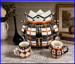 Mackenzie-Childs Tartan Spice Punch Bowl Ladle & 2 Mugs 11 Tall Ceramic New