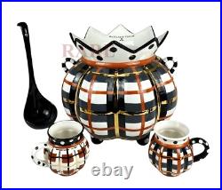 Mackenzie-Childs Tartan Spice Punch Bowl Ladle & 2 Mugs 11 Tall Ceramic New