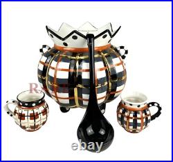 Mackenzie-Childs Tartan Spice Punch Bowl Ladle & 2 Mugs 11 Tall Ceramic New