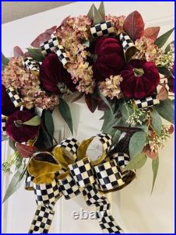 McKenzie Childs Inspired Checkered Burgundy Pumpkin Fall Autumn Wreath 24