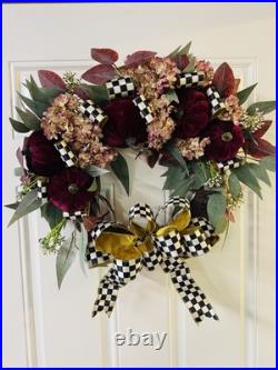 McKenzie Childs Inspired Checkered Burgundy Pumpkin Fall Autumn Wreath 24