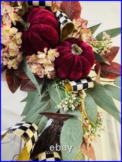 McKenzie Childs Inspired Checkered Burgundy Pumpkin Fall Autumn Wreath 24