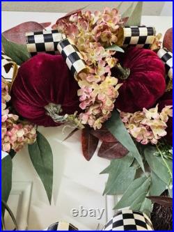 McKenzie Childs Inspired Checkered Burgundy Pumpkin Fall Autumn Wreath 24