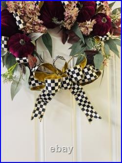 McKenzie Childs Inspired Checkered Burgundy Pumpkin Fall Autumn Wreath 24