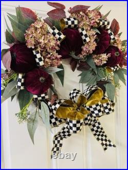 McKenzie Childs Inspired Checkered Burgundy Pumpkin Fall Autumn Wreath 24