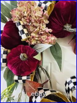 McKenzie Childs Inspired Checkered Burgundy Pumpkin Fall Autumn Wreath 24