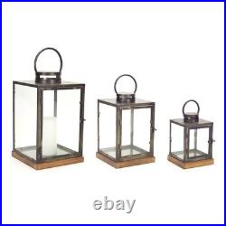 Metal Box Lantern with Wood Base (Set of 3)