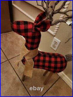 NEW Pottery Barn Fabric Reindeer Large Red Black plaid stripe