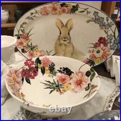NEW Pottery Barn S/2 FLORAL BUNNY Footed SERVING BOWL & Serve PLATTER EASTER