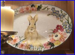 NEW Pottery Barn S/2 FLORAL BUNNY Footed SERVING BOWL & Serve PLATTER EASTER
