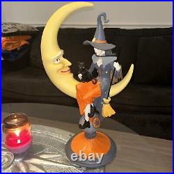 NWT Halloween Witch Sitting on Crescent Moon holding Black Cat 20 Tall