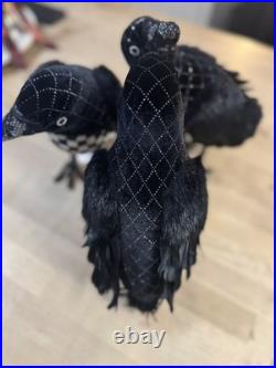NWT Mackenzie Childs Velvet and Check Set of 3 Crows feathers black birds