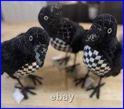 NWT Mackenzie Childs Velvet and Check Set of 3 Crows feathers black birds