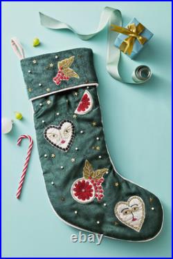 New Anthropologie Christmas Holiday Coretta Embellished Velvet Stocking Green