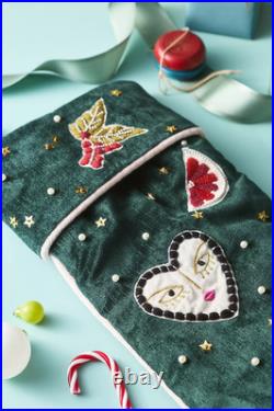New Anthropologie Christmas Holiday Coretta Embellished Velvet Stocking Green