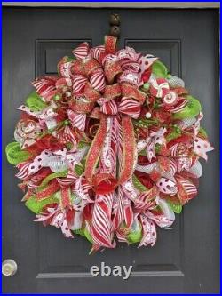 New Large Handmade Deco Mesh Christmas Wreath Red Green Peppermint Santa