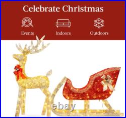 New Lighted Christmas Reindeer and Sleigh Outdoor Decor Set with LED Lights