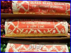 Nos Box Of 3 Mercury Glass Bead Garland Strings Red, Green & Multi Color 9' Ea