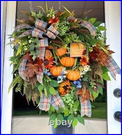 PUMPKIN PATCH Fall Thanksgiving Farmhouse Premium 32L Door Wreath