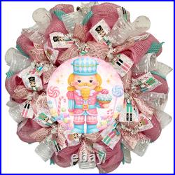 Pastel Pink Nutcracker Christmas Wreath Handmade Deco Mesh