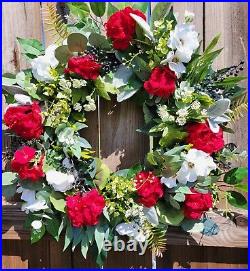 Patriotic Summer Wreath, Red White & Blue Wreath, Red Geranium, Military