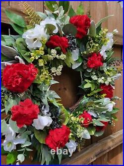 Patriotic Summer Wreath, Red White & Blue Wreath, Red Geranium, Military