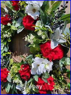 Patriotic Summer Wreath, Red White & Blue Wreath, Red Geranium, Military