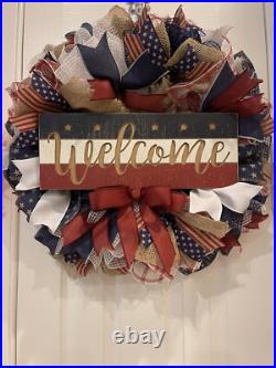 Patriotic WREATH WELCOME Red, White and Blue wreath 24 Memorial Day July 4th