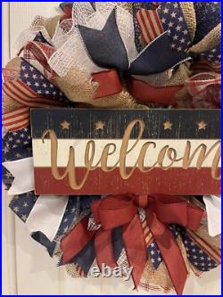Patriotic WREATH WELCOME Red, White and Blue wreath 24 Memorial Day July 4th