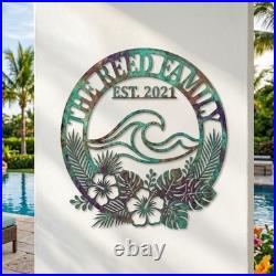Personalized Custom Tropical Family Poolside Wave Metal Sign Decor Gift