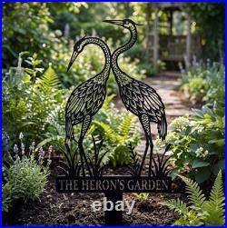 Personalized Heron Garden Stake Metal Art, Custom Garden Name Sign, Outdoor Yard