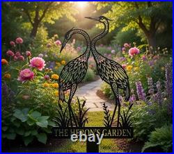 Personalized Heron Garden Stake Metal Art, Custom Garden Name Sign, Outdoor Yard