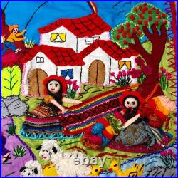 Peruvian Arpillera 20x30 Wall Hanging Handmade 3D Appliqué Embroidered Quilt