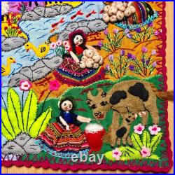 Peruvian Arpillera 20x30 Wall Hanging Handmade 3D Appliqué Embroidered Quilt