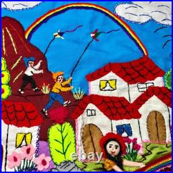 Peruvian Arpillera 20x30 Wall Hanging Handmade 3D Appliqué Embroidered Quilt