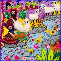 Peruvian Arpillera 20x30 Wall Hanging Handmade 3D Appliqué Embroidered Quilt