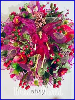 Pink Floral Wreath Garden Flowers Fairy Pixie New Handmade Large Pink Floral Wreath Garden Flowers Fairy Pixie New Handmade Large